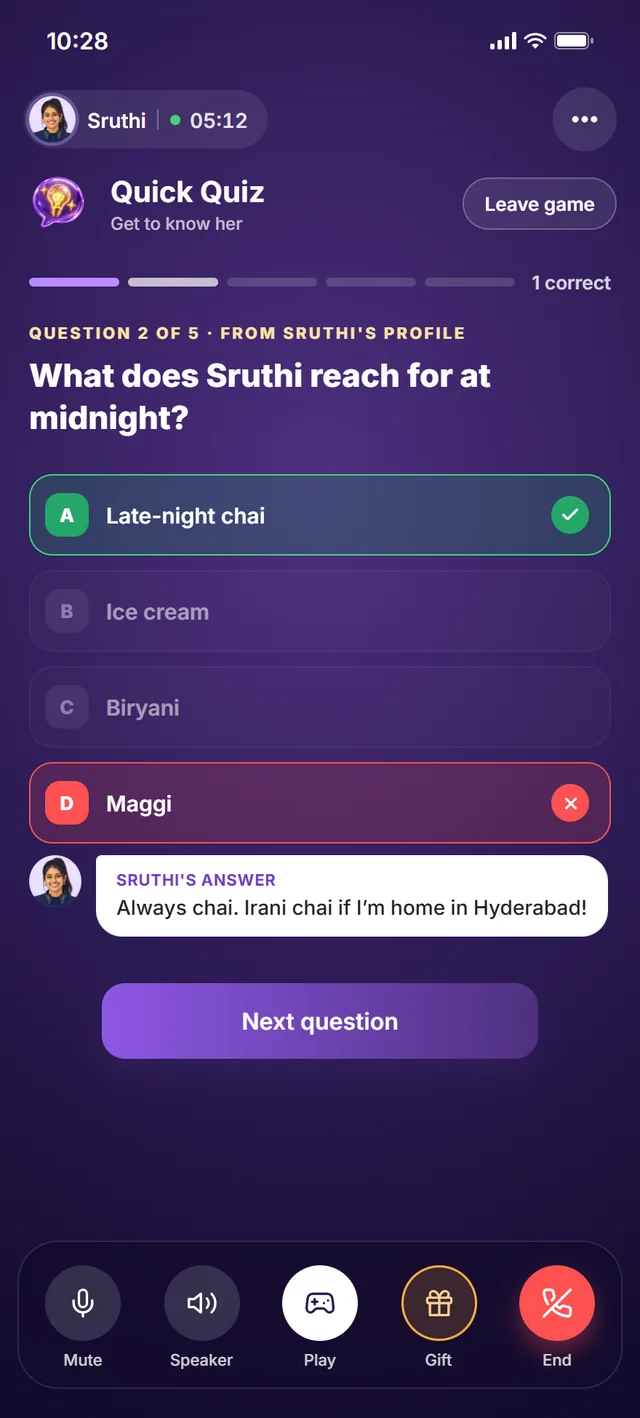 Quick Quiz, during a call with Sruthi