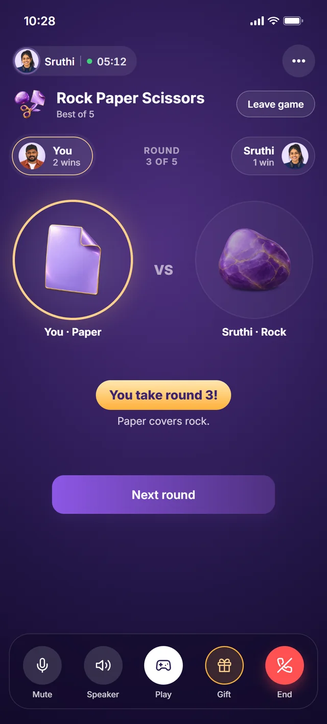 Rock Paper Scissors, during a call with Sruthi