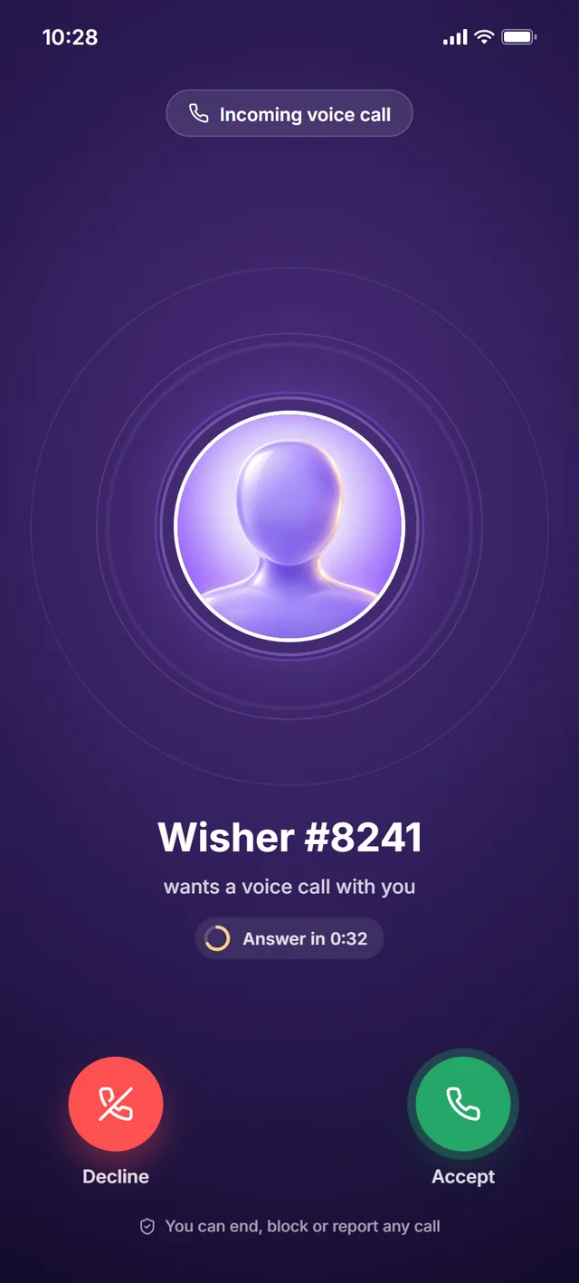 A Star’s incoming call screen, showing the caller only as Wisher #8241